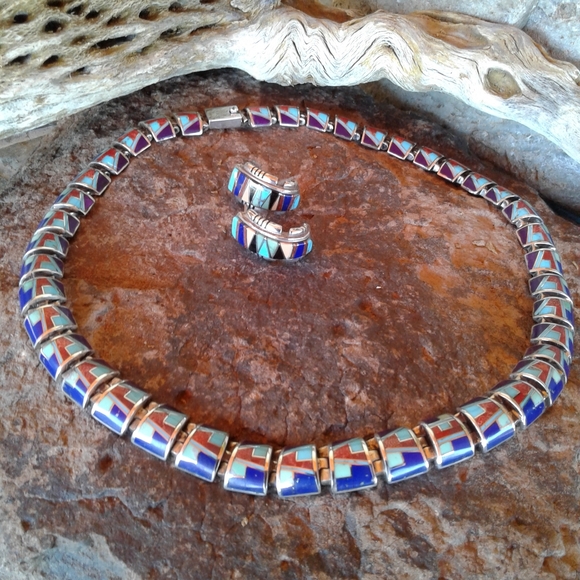 Sterling Silver multi inlay choker necklace set - Picture 6 of 16
